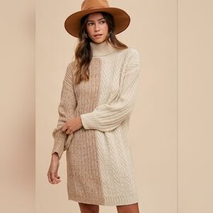 Elegant Beige and Tan Knit Sweater Dress